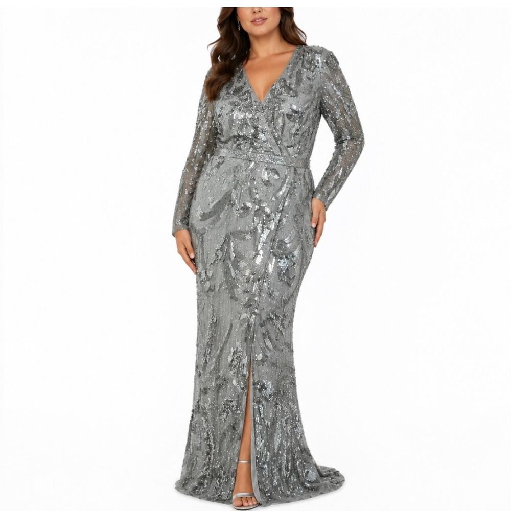Mac Duggal 5222 Silver Evening Gown Sequined Long Sleeve A-Line Dress Size 12